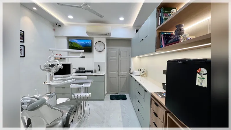 The treatment room with the dental chair and equipment